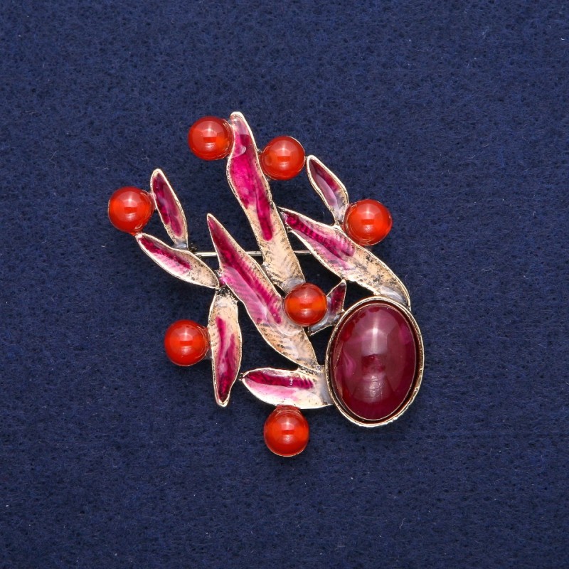 Brooch Leaves with Carnelian, Burgundy Enamel, Golden Metal 38x53mm