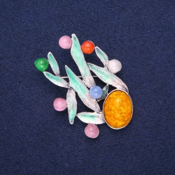 Brooch 'Leaves' Amber and Cat's Eye (Imitation) green enamel, silver metal 38x53mm