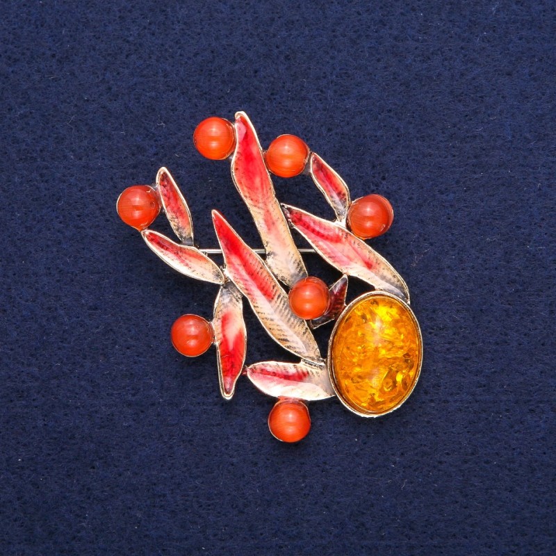 Brooch Leaves with Amber (Imitation) and Cat's Eye, red enamel, gold-tone metal 38x53 mm