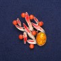 Brooch Leaves with Amber (Imitation) and Cat's Eye, red enamel, gold-tone metal 38x53 mm