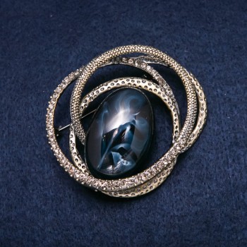 Accent Brooch 55×55 mm, crystals, cabochon, white and blue, gold-tone metal