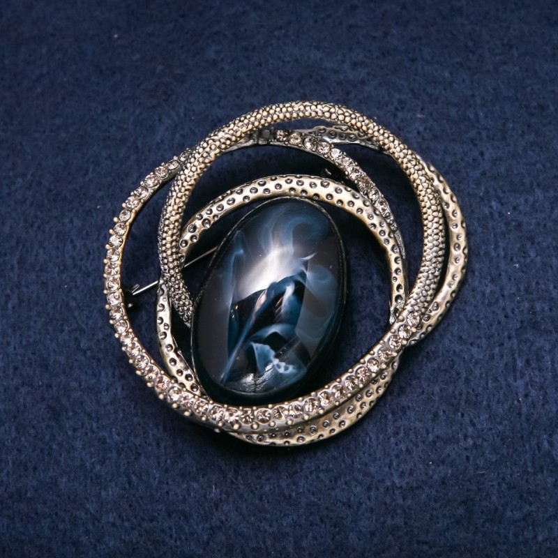 Accent Brooch 55×55 mm, crystals, cabochon, white and blue, gold-tone metal