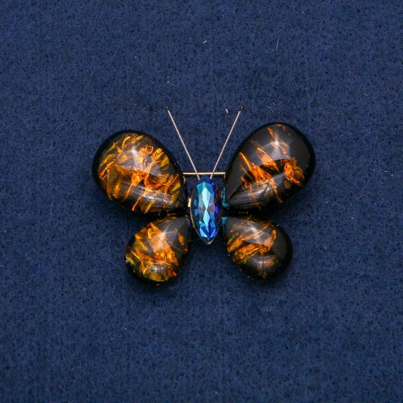 Butterfly Brooch in Gold-Tone Metal with Blue Rhinestone and Dark Amber, 50x35mm +