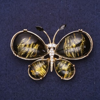 Brooch 'Butterfly' with White Crystals 'Amber' (Artificial) 56x36mm Yellow Metal