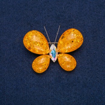 Brooch 'Butterfly', golden metal with petrol rhinestone and light amber 50×35 mm +
