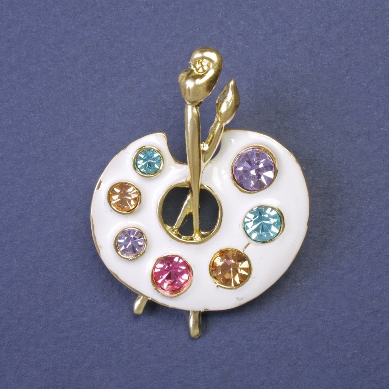 Palette Brooch with Multicolored Rhinestones and Enamel on Gold-Tone Metal 45×32 mm+