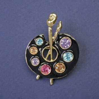 Palette Brooch with Multicolored Rhinestones and Enamel on Gold-Tone Metal, 45x32 mm+