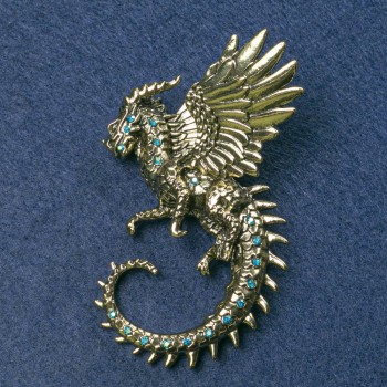 Brooch Dragon, gold-toned metal with blue petrol crystals 64×50 mm+