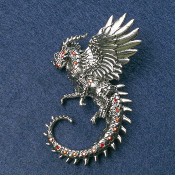 Dragon Brooch with Silvery Metal and Red Benzine Rhinestones 64x50mm+