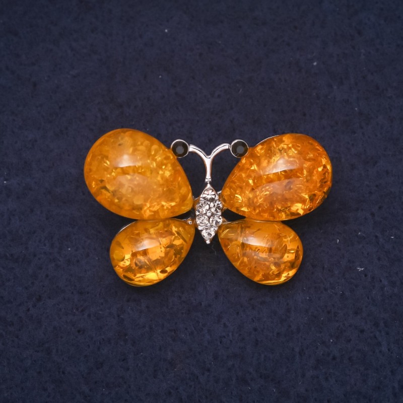 Amber butterfly brooch (imitation) 38×24 mm; color: yellow; metal: silver-toned