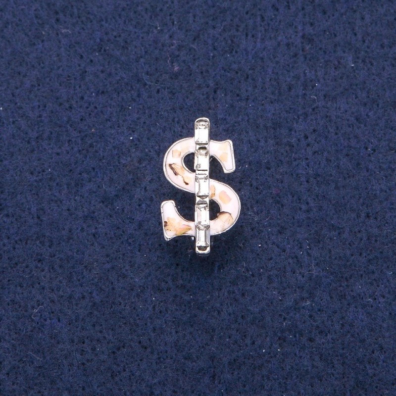 Brooch 'Dollar' with white enamel and abalone pearl, white crystals, silver-tone metal 12x21mm