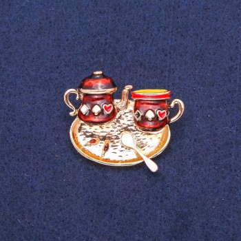 Brooch 'Tea Time' brown enamel, golden metal 31x36 mm