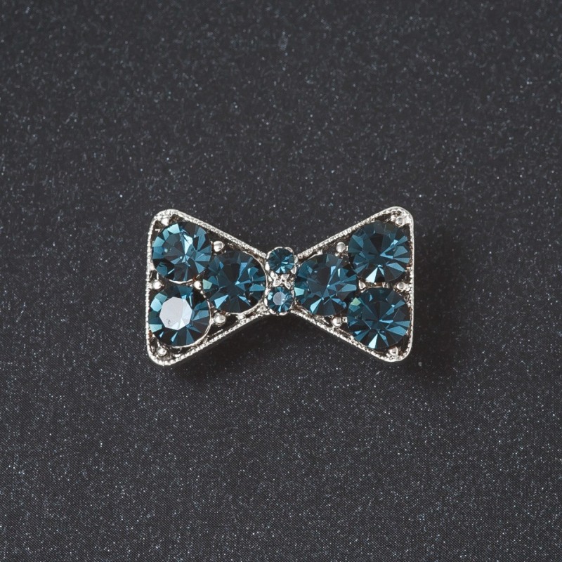 Bow Brooch with Crystals, Sea Wave Color, Silver Metal, 2.7 cm