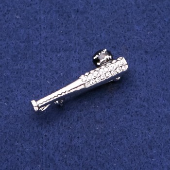 Brooch 'Baseball Bat' with Crystals, Silver-Toned Metal, 13x40 mm