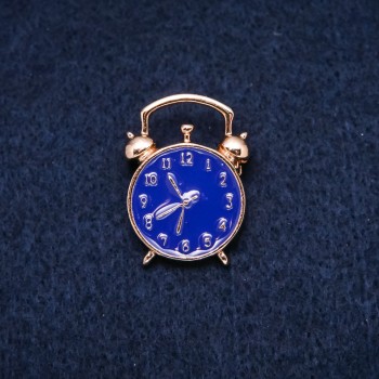 Brooch 'Alarm Clock' Blue Enamel Yellow Metal 20x27mm