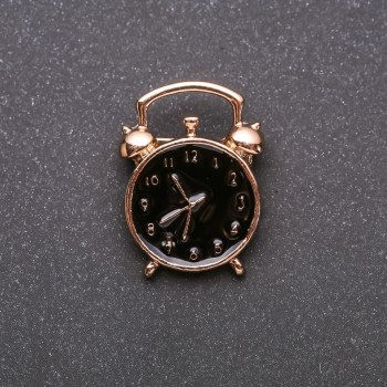 Brooch Alarm Clock Black Enamel Yellow Metal 20x27mm