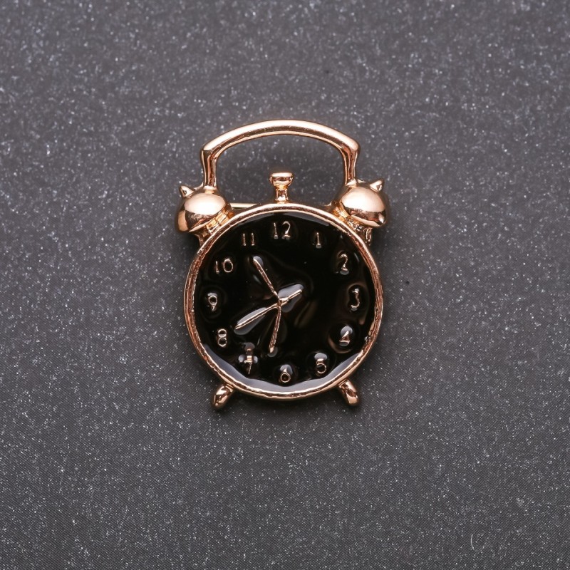 Brooch Alarm Clock Black Enamel Yellow Metal 20x27mm