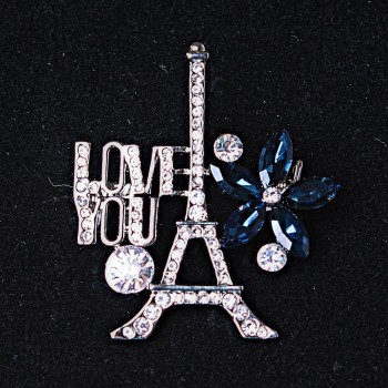 Brooch Paris with silver-toned metal, rhinestones and blue crystals, 40x35mm +