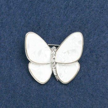 Butterfly Brooch with Silver-Tone Metal, White Mother-of-Pearl, and Clear Crystals 35×45 mm