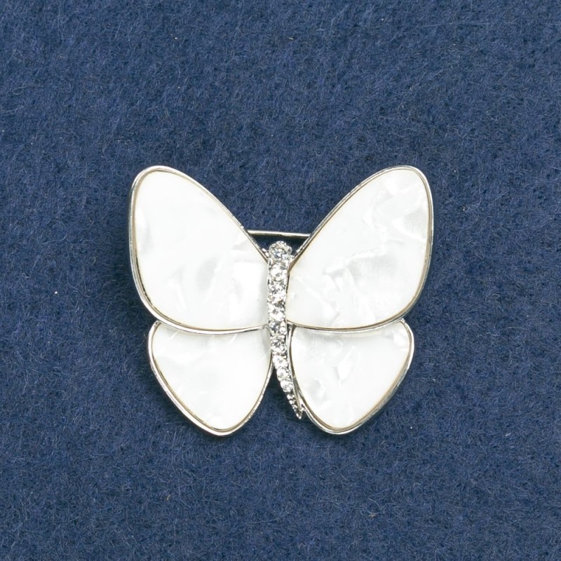 Butterfly Brooch with Silver-Tone Metal, White Mother-of-Pearl, and Clear Crystals 35×45 mm