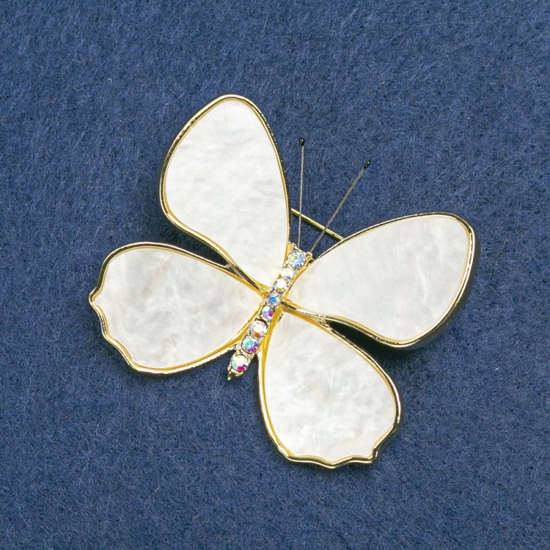 Brooch Butterfly, golden metal, white mother-of-pearl, and petrol rhinestones 38x45mm +