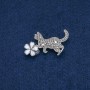 Brooch Kitten with a Flower, gray crystals, white enamel, silver-tone metal, 40×25 mm +