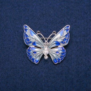 Butterfly Brooch with White Crystals and Blue Enamel, Gold-Tone Metal 31x37mm