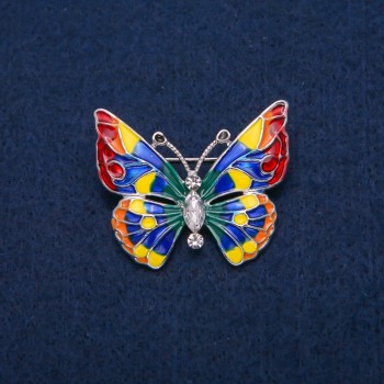 Butterfly Brooch with White Crystals and Multicolored Enamel, Gold-Tone Metal 31×37 mm