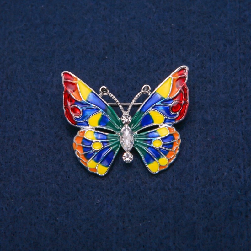 Butterfly Brooch with White Crystals and Multicolored Enamel, Gold-Tone Metal 31×37 mm