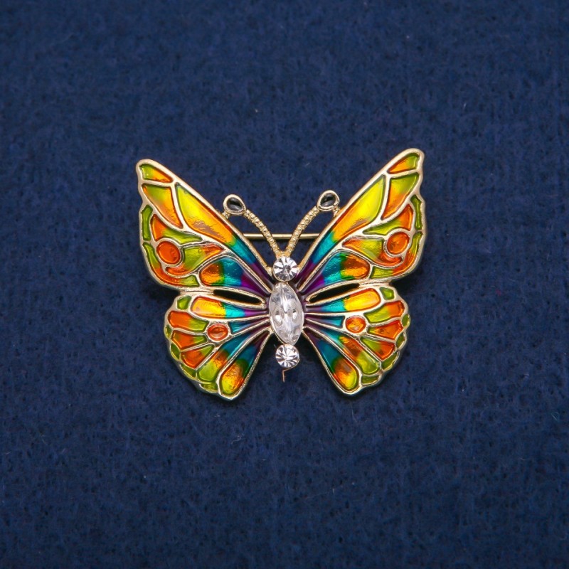 Butterfly Brooch with White Crystals and Multicolor Enamel, Gold-Tone Metal 31x37mm