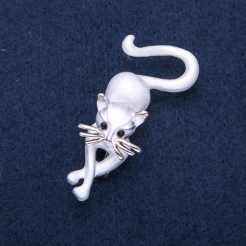 Cat Brooch Gray Enamel, Silver Metal