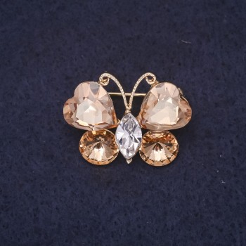 Butterfly Brooch 25x20mm with Champagne-Colored Stones, White Metal with Gold-Tone Finish