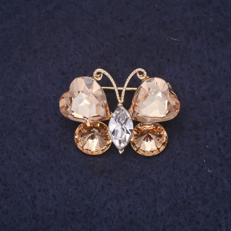 Butterfly Brooch 25x20mm with Champagne-Colored Stones, White Metal with Gold-Tone Finish