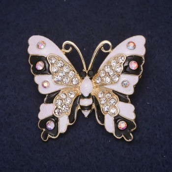 Brooch Butterfly 43×38 mm, crystals, enamel, color white, black, chameleon, gold-tone metal