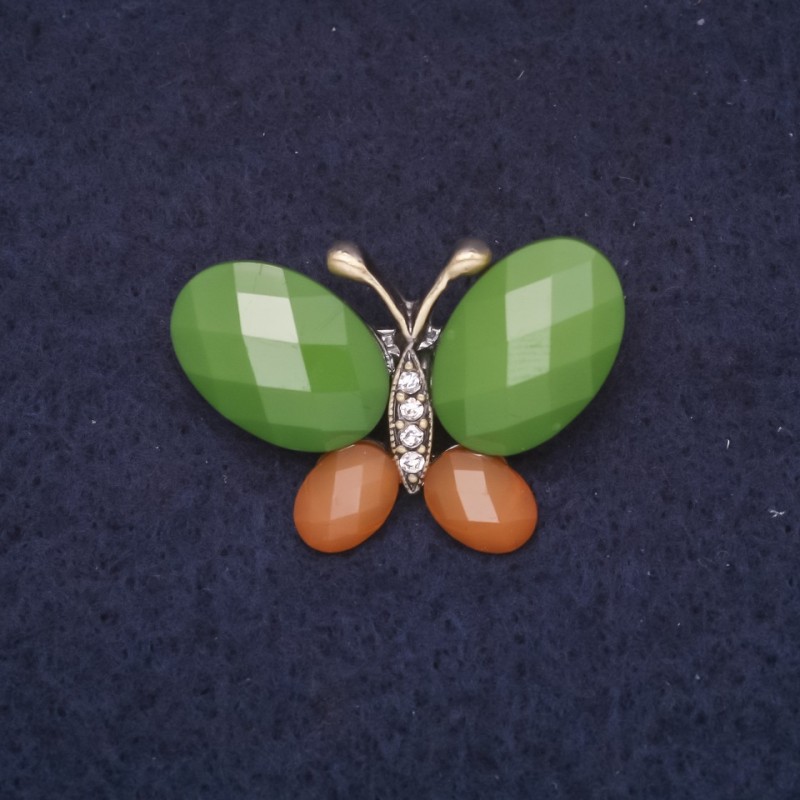 Butterfly Brooch, 31x21 mm, crystals and stones, green and brown, gold-tone metal