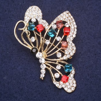 Butterfly Brooch with Red, Blue, and Burgundy Stones, 60×40 mm Yellow Metal