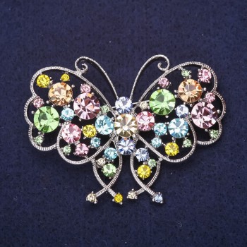 Butterfly Brooch with Rhinestones in Pink, Blue, Green, and Yellow; 63×47 mm; Silver-tone metal