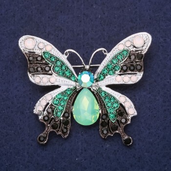 Butterfly Brooch, Silvery Metal with Rhinestones, Crystal and Enamel, 50×43 mm +