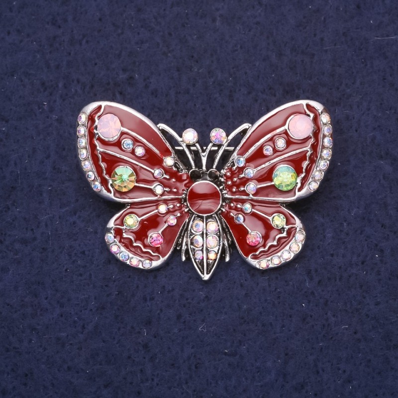 Butterfly Brooch with Chameleon Crystals, Burgundy Enamel, 38x28mm Silver-Toned Metal