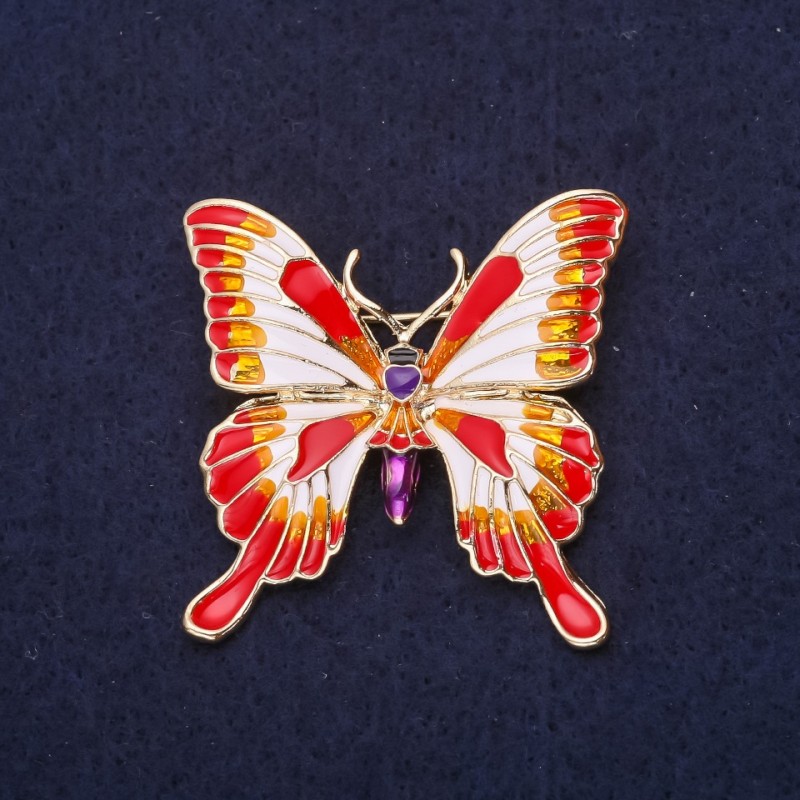 Enamel Butterfly Brooch in Red, White, Orange and Purple, 36×37 mm, Yellow Metal