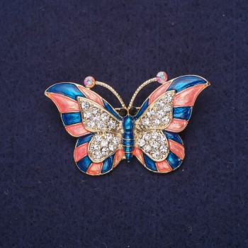 Butterfly Brooch with White Crystals and Enamel, Blue and Coral Colors, 46×28 mm, Yellow Metal