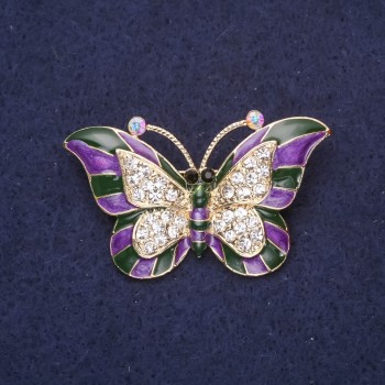 Butterfly Brooch with Purple Enamel and White Crystals, 45×28 mm, Yellow Metal
