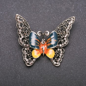 Lacy Butterfly Brooch with Yellow-Green Enamel on Gray Metal, 50x40mm