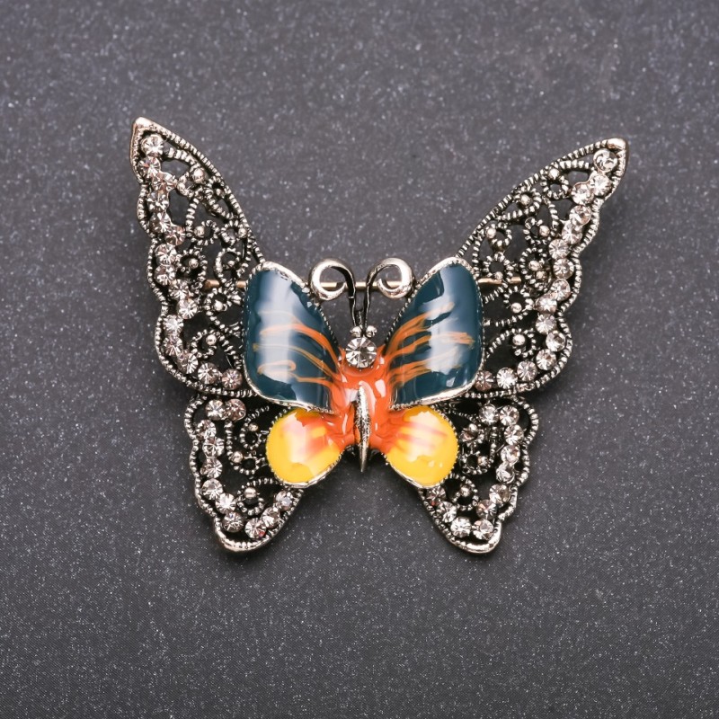 Lacy Butterfly Brooch with Yellow-Green Enamel on Gray Metal, 50x40mm