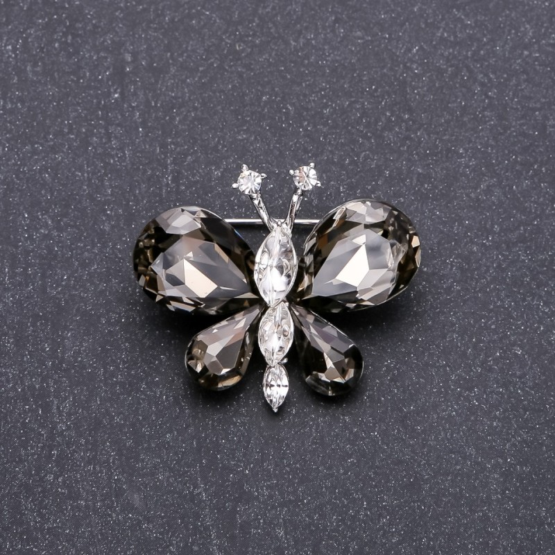 Butterfly Brooch with Gray Crystals, 36×30 mm, White Metal