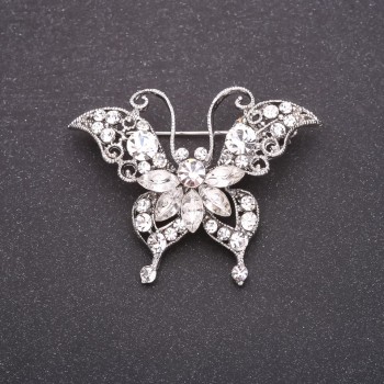 Butterfly Brooch with White Crystals 40x50 mm White Metal