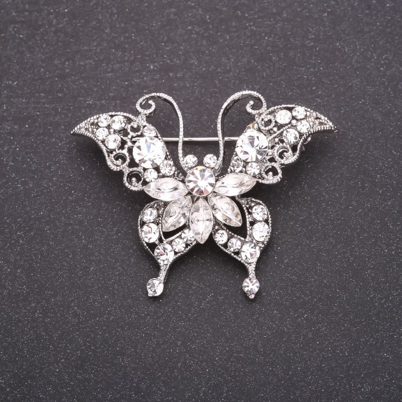 Butterfly Brooch with White Crystals 40x50 mm White Metal