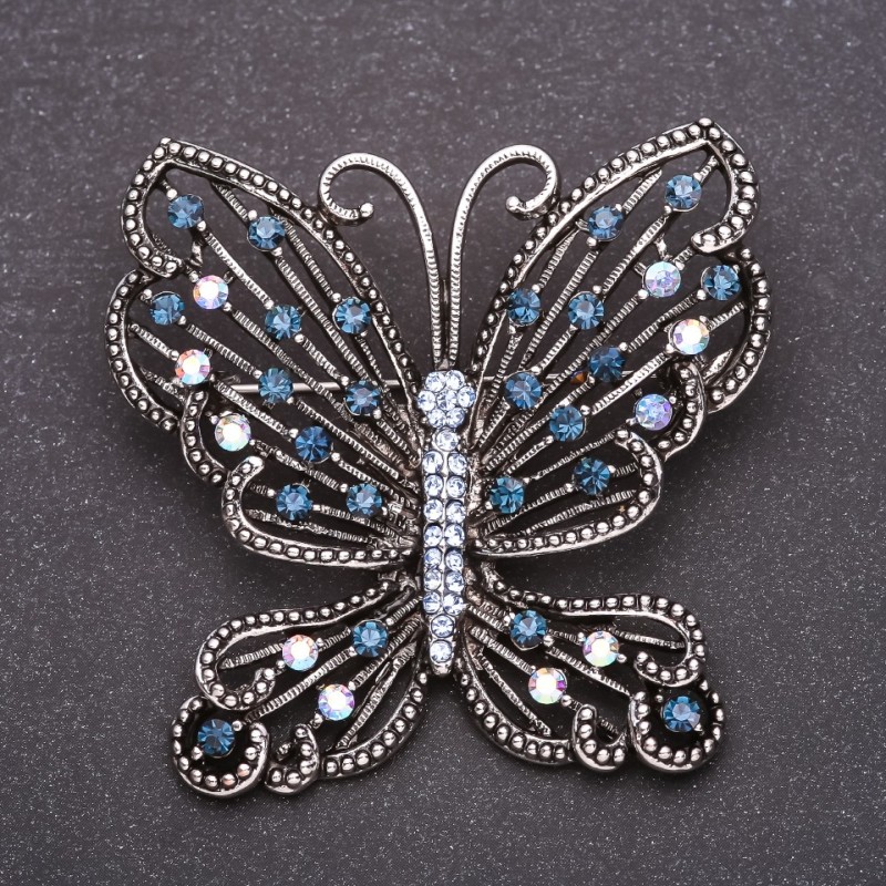 Brooch 'Butterfly with Blue Crystals' 53×54 mm Gray Metal