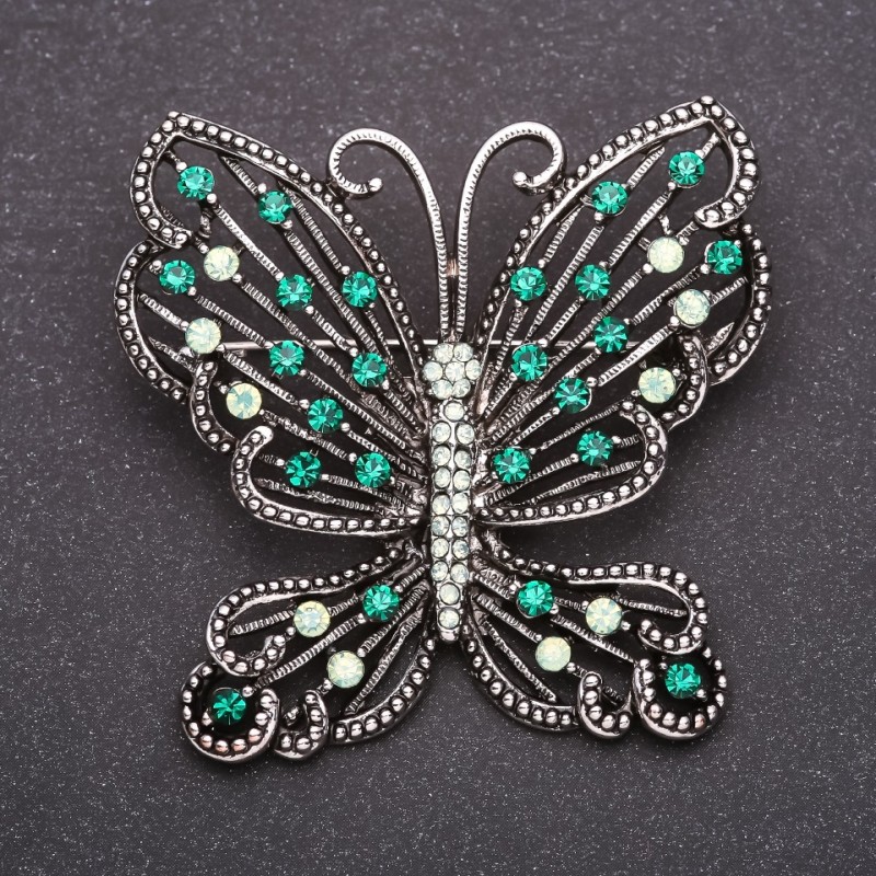 Butterfly Brooch with Green Rhinestones, 52×56 mm, Gray Metal