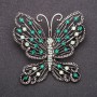 Butterfly Brooch with Green Rhinestones, 52×56 mm, Gray Metal